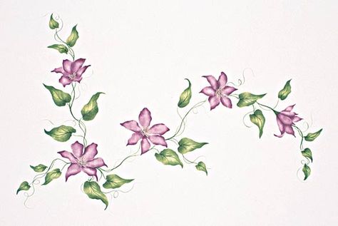 Floral and Border Stencils: Roses, Lattice, Lace Flower Vine Tattoos, Climbing Clematis, Paw Print Art, Vine Drawing, Climbing Flowers, Clematis Flower, Vine Tattoos, Flower Drawing Design, Flower Stencil