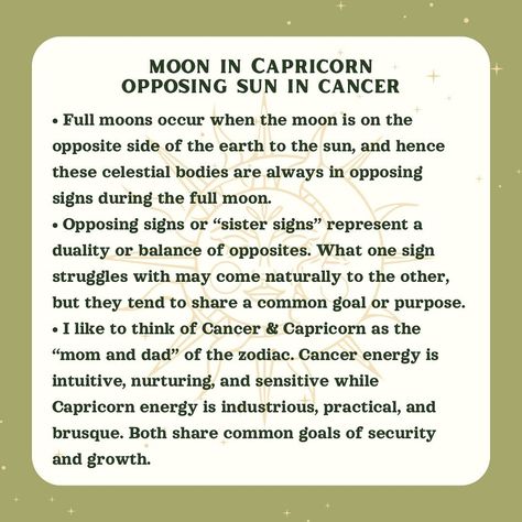 Here is your astrological report for the summer solstice & full moon in Capricorn! I am quite proud of this little series of slides I put together. I can’t promise I’ll do something this in depth for every moon or major transit, but I was definitely feeling it for this one. If you’re curious about where these energies or future transits are showing up in your personal chart, never fear! I’ll be listing my services as an astrologer on my website soon. In the meantime, feel free to ask question... Capricorn Full Moon, Full Moon In Capricorn, Moon In Capricorn, Sister Sign, Capricorn Moon, In The Meantime, Summer Solstice, Sign I, I Promise