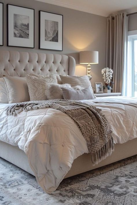 New Home Bedroom Ideas, Couples Bedroom Inspo, Sophisticated Master Bedrooms Decor, Soft Romantic Bedroom, Spa Like Bedroom Ideas Master Suite, Oatmeal Colored Bedroom, King Size Bedroom Ideas, Bedroom Ideas For Married Couples, Classy Bedding