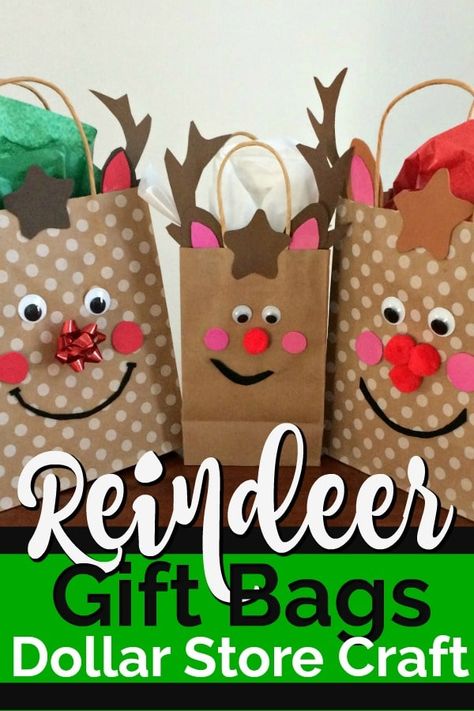 Reindeer Gift Bags DIY at the Dollar Store! Make cute reindeer gift bags for the season! #christmaskidscraft #christmasdollarstorecraft #christmasreindeercraft #reindeergiftbags Diy Christmas Bags For Kids, Reindeer Bags, Reindeer Gift Bags, Christmas Reindeer Craft, Reindeer Crafts, Daycare Projects, Tag Template Free, Diy Reindeer, Dollar Store Christmas Crafts