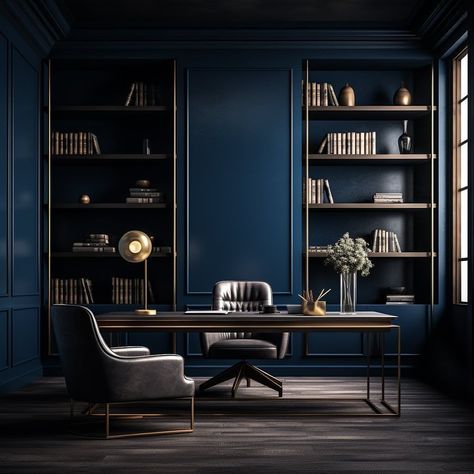 Dark Blue Home Office Ideas, Dark Blue Office Ideas, Navy Office Ideas, Blue Study Room, Blue Office Interior, Corporate Office Decor Professional, Dark Blue Study, Navy Blue Office Ideas, Classic Office Design Luxury