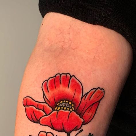 Jake Brown on Instagram: "Got to tattoo this one from my flash yesterday, always honoured when y’all pick out my designs 🙏thanks again Kim  @thecountrygenttattoo     #tattoo #tattooflash #traditionaltattoo #traditional #Yorkshire #uktattoo  #lockdownneedle #eternalink #countrygent  #poppy #poppytattoo #flowertattoo" American Traditional Poppy Tattoo, Traditional Poppy Tattoo, Jake Brown, Poppy Flower Tattoo, Americana Tattoo, Poppy Tattoo, Poppies Tattoo, Artistic Inspiration, American Traditional