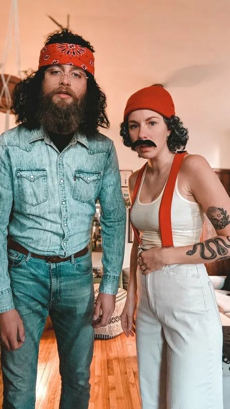 Comfy Couple Costumes, Couple Costumes Beard, Funny Couples Costumes 2023, Couples Halloween Costume Bearded Man, Costumes With Beards Couple, Couples Movie Halloween Costumes, Bearded Halloween Costumes Couples, Couples Costume Man With Beard, Couples Costumes With Beard