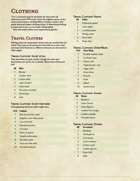 A quick rolling table for clothing, based on clothing from the medieval and renaissance period. Yes, there is the possibility of wearing no shirt and two vests on the first page. Yes that was somewhat... Noble Clothes, Dragons Inspiration, The Hunting Party, Dnd Character Sheet, Rolling Table, Dnd Inspiration, Dnd Stories, Dungeon Master's Guide, Dnd Races