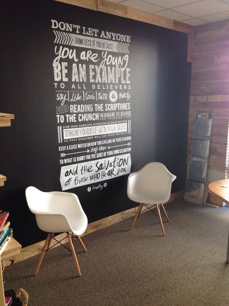 Another example of big chalkboard wall with "art" in the form of a quote. ... Wouldn't want the wall to be too big... - Addie Youth Room Church, Youth Ministry Room, Worship Room, Youth Group Rooms, Church Foyer, Sunday School Rooms, Youth Rooms, Student Ministry, Church Youth