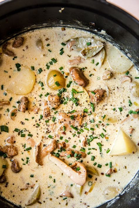 Potatoes, bacon, leeks, and mushrooms are sautéed in a bath of butter and herbs for a hearty chowder recipe that is like a hug in a bowl.