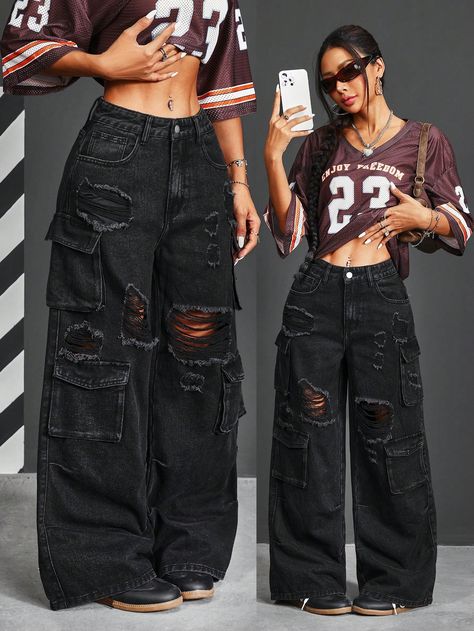 Women's Casual Loose Fit Multiple Pockets Distressed Wide Leg Jeans Black Casual   Denim Plain Straight Leg Non-Stretch  Women Clothing, size features are:Bust: ,Length: ,Sleeve Length: Woman Street Wear Outfits, 2000s Woman Fashion, Baggy Jeans Outfit Ripped, Clothes For Women Baggy, Black Ripped Jeans Women, Pants With A Lot Of Pockets, Urban Streetwear Women, Harlem Pants Outfit, Cute Fits Grunge