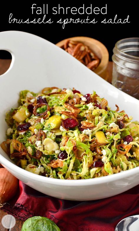 Fall Shredded Brussels Sprouts Salad is crispy and crunchy, and full of fresh and savory flavors! Shredded Brussels Sprouts Salad, Shredded Brussel Sprout Salad, Shredded Brussels Sprouts, Gluten Free Thanksgiving Recipes, Brussels Sprouts Salad, Sprout Salad, Easy Thanksgiving Recipes, Shredded Brussel Sprouts, Iowa Girl Eats