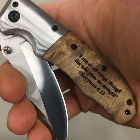 Philippians 4:13 quote engraved on wood handle pocket knife, personalized hunting knife, custom Engraved spring assisted knife for men Wooden Pocket Knife, Workouts Quotes, Torch Lighters, Cool Pocket Knives, Knife Tools, Engraved Flasks, Engraved Pocket Knives, Knife Stand, Engraved Knife