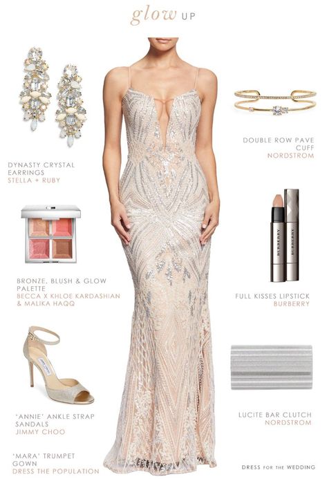 Blush and platinum beaded sparkly gown for a formal event.  #formals #outfits #vowrenewal #ootd Silver Weddings, Metallic Bridesmaid Dresses, Gown Accessories, Sparkly Gown, Second Dress, Bridesmaid Dresses Under 100, Kiss Goodnight, Black Tie Attire, Sparkle Outfit