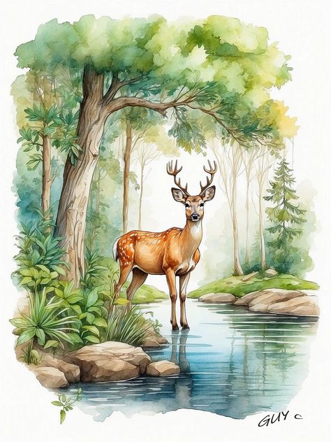 BY GUYMICK CORMIC Dear In Forest, Forest Painting With Animals, Composition Watercolor Painting, Watercolor Wildlife Paintings, Forest Drawing With Animals, Forest Animals Drawing, Dear Painting, Dear Drawing, Animal Composition