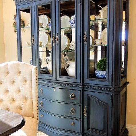 Annie Sloan napoleonic blue with dark wax. Keller Furniture china cabinet. Refurbished Hutch, Piano Makeover, Blue China Cabinet, China Cabinet Makeover, Kitchen Cabinets Color Combination, Hutch Ideas, Napoleonic Blue, Antiques Repurposed, Antique China Cabinets