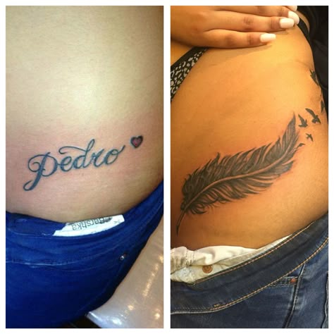 Letters Cover Up Tattoo, Cover Up Tattoos Underboob, Name Cover Up Tattoos For Women On Chest, Underboob Tattoo Coverup, Cover Up Feather Tattoo, Bird Cover Up Tattoos For Women, Feather Tattoo Design For Women Cover Up, Feather Coverup Tattoo Ideas, Peacock Feather Tattoo Cover Up