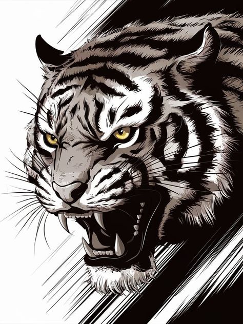 A striking black and white illustration of a fierce tiger's head, with its piercing yellow eyes and sharp teeth bared. The tiger's fur is detailed in a high contrast style, highlighting the intricate patterns and markings. The background is minimalistic, allowing the tiger's head to stand out prominently, creating an intense and powerful atmosphere Angry Tiger Drawing, Tiger Head Tattoo Design, Tiger Black And White, Tiger Head Tattoo, Japanese Tiger Tattoo, Tiger Sketch, Dragon Tattoo Sketch, Tiger Photography, Japanese Tiger