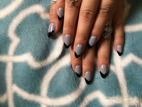 Grey, black sharp French tip nail Grey Black French Nails, Gray And Black French Nails, Grey French Tip Nails Square, Grey Nails Black Tips, Black And Gray French Tip Nails, Black And Grey French Tip Nails, Sharp French Tip, Black And Grey Nails Designs, Gray And Black Nails