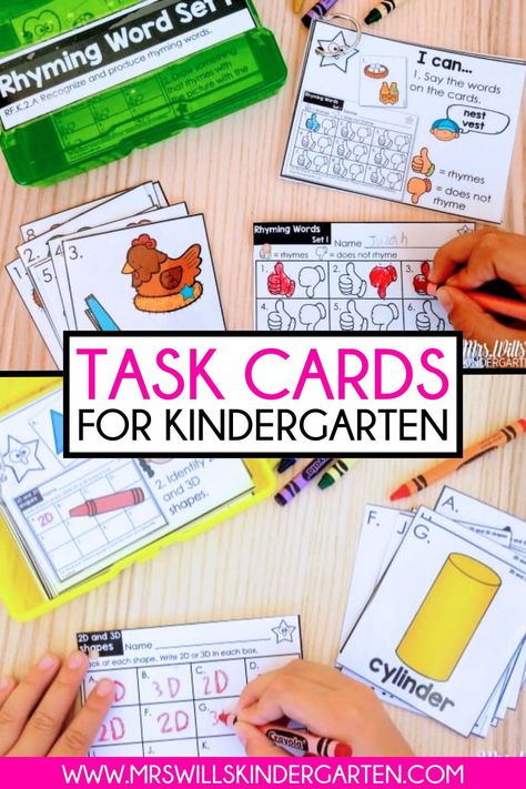 Task cards for kindergarten can be used in a number of ways and to address a number of literacy and math concepts. Use them as an early finisher activity or during centers to practice skills like rhyming, 2d shapes and more! Task Cards Kindergarten, Kindergarten Stations, Interactive Writing, Literacy Centers Kindergarten, Early Finishers Activities, Kindergarten Centers, Literacy Stations, 2d Shapes, Sight Word Activities