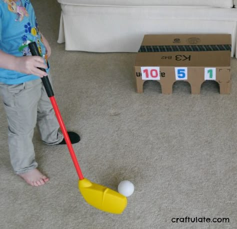 Indoor Golf Game for Preschoolers - made from a cardboard box! Sports Week Activities, Golf Games For Kids, Cardboard Games, Mini Golf Games, Olympic Theme Party, Indoor Mini Golf, Game For Preschoolers, Maths Activity, Golf Cart Covers