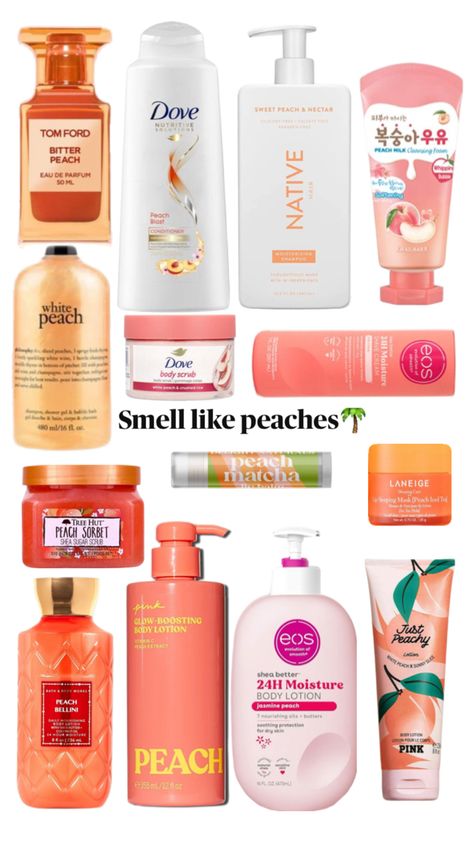 #peaches #summer #selfcare #smellgood Fruity Scent Combos, Summer Scent Combos, How To Smell Fruity, Summer Shower Routine, How To Smell Like Peaches, Peach Scented Products, Scent Board, Smell Fruity, Smell Like Summer