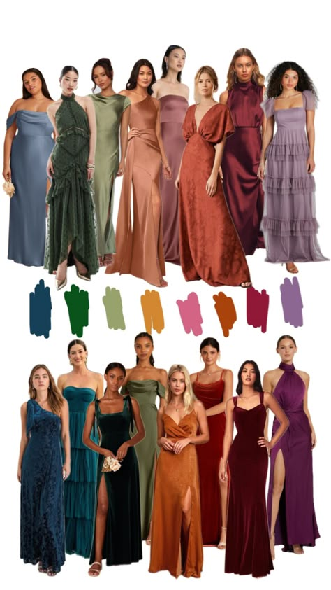 Jewel tone fall bridesmaids dresses Fall Bridesmaids Dresses, Jewel Tone Wedding Theme, Jewel Tone Bridesmaid, Bridesmaid Dress Color Schemes, Jewel Tone Dress, Jewel Tone Color Palette, Fall Wedding Bridesmaids, Wedding Dress Code, Wedding Color Pallet