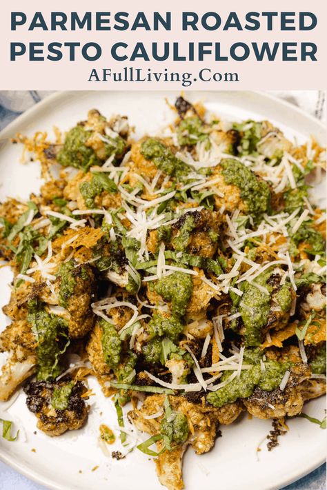 Anyone that says cauliflower is boring has clearly never this this easy side! This super crispy pesto cauliflower is made with just a handful of simple ingredients, and is absolutely scrumptious. Roasted cauliflower is the perfect canvas for a little homemade basil walnut pesto, extra parmesan cheese and a squeeze of lemon. The perfect side to accompany a variety of main dishes! Pesto Cauliflower, Recipe For Pesto, Vegetarian Pesto, Basil Walnut Pesto, Walnut Pesto, Whole Roasted Cauliflower, Basil Recipes, Pesto Recipe, Veggie Side Dishes