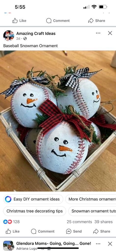 Baseball Christmas Tree Diy, Diy Baseball Ornaments, Baseball Christmas Party, Baseball Christmas Tree, Baseball Snowman, Baseball Christmas Ornaments, Christmas Tree Decorating Tips, Baseball Ornaments, Baseball Christmas