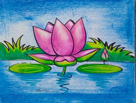 Lotus Scenery Drawing, Drawing For 1st Class Students, Pond Drawing Easy, Lotus In Pond, Pond Drawing, Basic Drawing For Kids, Class Painting, Scenery Drawing For Kids, Nursery Drawings