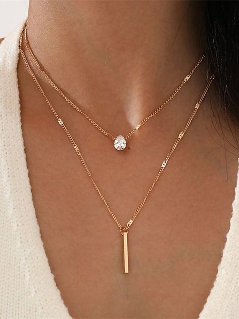 Delicate Gold Necklace, Bar Pendant Necklace, Stacked Necklaces, Layered Necklace Set, Gold Charm Necklace, Styl Boho, Rhinestone Necklace, Bridal Necklace, Star Pendant