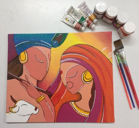 Radha Krishna Folk Art Painting, A4 Size Canvas Painting Ideas, Painting On A3 Sheet, Radha Krishna Painting On Canvas, Gods Drawing, God Drawings, Abstract Painting Easy, Radha Krishna Painting, God Drawing