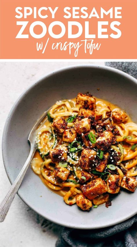 Spicy Sesame Zoodles with Crispy Tofu! SUPER easy recipe with familiar ingredients like soy sauce, peanut butter, sesame oil, zucchini, and tofu. YUM! #tofu #zoodles #zucchini Tofu Recipes Healthy, Sesame Tofu, Pinch Of Yum, Zoodle Recipes, Spiralizer Recipes, Crispy Tofu, Vegetarian Pasta, Tofu Recipes, Zucchini Recipes