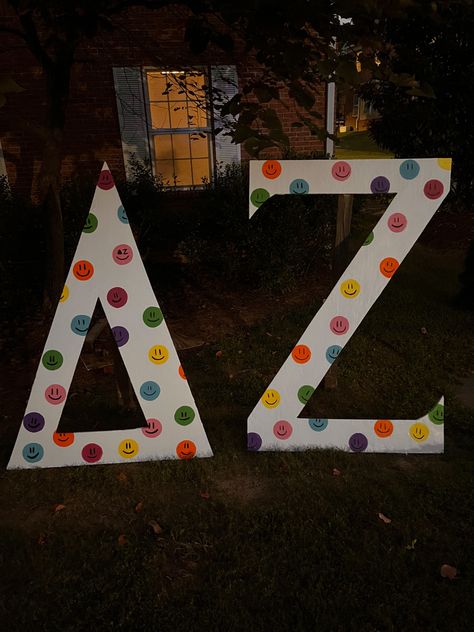 Smiley face wooden sorority yard letters smiley face banner sorority delta zeta letters trendy smiley face Panhellenic sorority Drafting The Best Bid Day, Disco Sorority Letters, Sign Sealed Delivered Bid Day, Signed Sealed Delivered Bid Day, Sorority Wooden Letters, Delta Zeta Letters Painted, Delta Zeta Letters, Bid Day Shirts, High School Graduation Cap