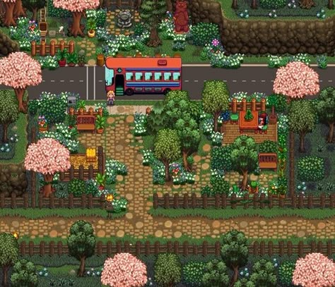 Stardew Inspo Farm, Stardew Valley Greenhouse Ideas, Stardew Valley Grandpa's Farm Layout, Stardew Valley Water Farm Layout, Stardew Valley Cute Farm Ideas, Stardew Valley Dog Area, Stardew Valley Traveling Cart, Stardew Valley Build Ideas, Stardew Valley Museum Layout Rainbow