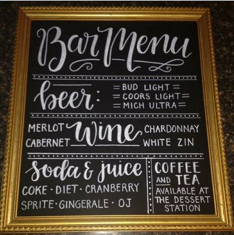 Chalk Bar Menu Wedding, Home Bar Menu Ideas, Bar Menu Wedding Chalkboard, Bar Sign For Wedding Reception, Wedding Bar Menu Sign Diy, Chalk Drink Menu Board Ideas, Chalkboard Bar Menu Signs, Chalkboard Drink Menu Board, Diy Bar Menu Sign