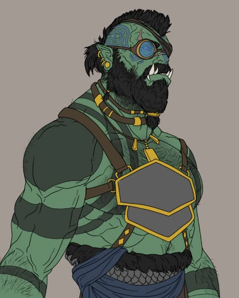 Orky Orc Artificer Dnd, Steampunk Orc, Orc Artificer, Orc Male, Dnd Orc, Half Orc, Dnd Character Art, Npc Ideas, Pathfinder Character