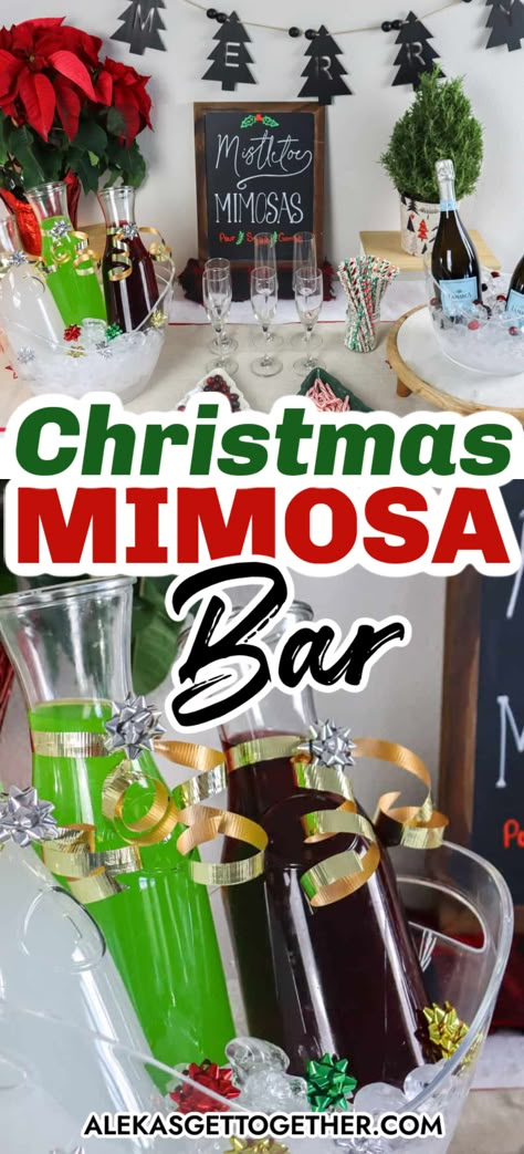 It's that time of the year again when the holiday spirit is in full swing, and it's all about getting together with friends and family. If you're thinking of hosting a laid-back yet festive gathering, why not spice things up a bit by setting up a Christmas Mimosa Bar!? Christmas Brunch Bar Ideas, Mistletoe Mimosa Ice Cube, Mimosa Christmas Bar, Mimosa Bar Ideas Christmas, Miseltoe Mimosa, Christmas Mimosas Champagne, Christmas Mimosa Bar Ideas, Holiday Mimosa Bar, Friendsmas Party Ideas Food