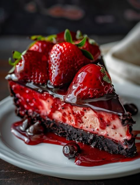 Strawberry Chocolate Cheesecake, Fresh Strawberry Topping, Chocolate Cookie Crust, Chocolate Strawberry Cheesecake, Make Dessert, Pretty Desserts, Easy Dessert Recipes, Strawberry Topping, Recipes Delicious