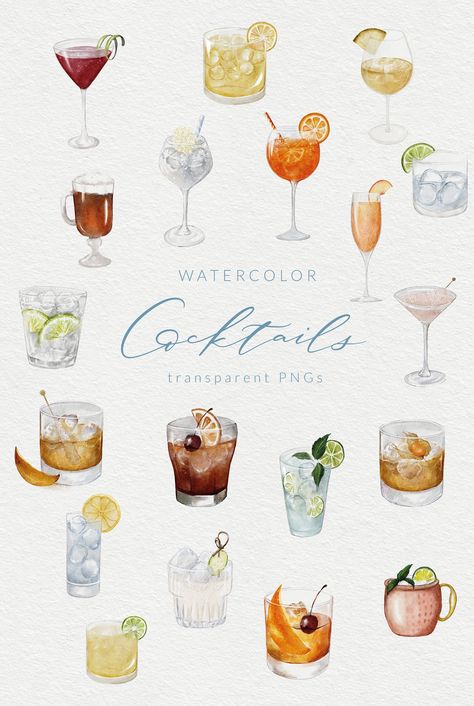 Watercolor Cocktails, Menue Design, Watercolor Png, Cocktail Art, Watercolor Images, Bar Menu, Aperol Spritz, Wedding Bar, Menu Design