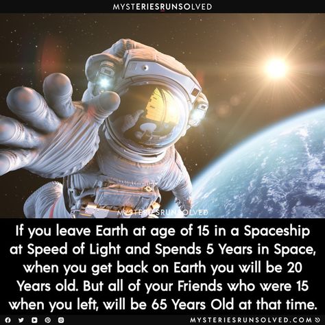 If you leave Earth at age of 15 in a Spaceship at Speed of Light and Spends 5 Years in Space, when you get back on Earth you will be 20 Years old. But all of your Friends who were 15 when you left, will be 65 Years Old at that time. Psychological Hacks, Photography Indian, Astronomy Facts, Speed Of Light, Cool Science Facts, Space Facts, Creepy Facts, Intresting Facts, Humor Videos