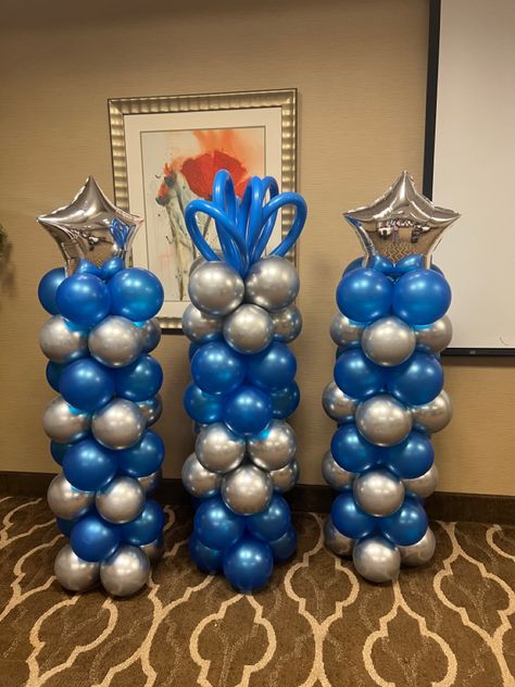 Made these 3 columns for a rehearsal dinner. In order for each column to stand on their own used a water weight on the buttom. Baloon Art, Wonderland Decorations, Winter Wonderland Decorations, Silver Decor, Water Weight, New Year’s Eve, Rehearsal Dinner, Rehearsal Dinners, Hanukkah Wreath