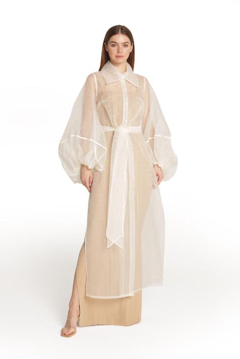 Organza Overcoat Dress, Luxury Outerwear With Sheer Long Sleeves, Organza Abaya, Organza Overcoat, Luxury Sheer Fall Outerwear, Elegant Luxury Sheer Outerwear, Dramatic Sleeves Dress, Dress With Outer, Outer Organza