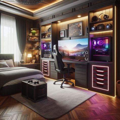 Gaming Bedroom Built-in Storage Solution Gaming Room Setup Bedrooms, Bedroom Built In, Gaming Bedroom Ideas, Anime Bedroom Ideas, Anime Bedroom, Gaming Bedroom, Teenager Bedroom Boy, Ideal Bedroom, Gaming Furniture