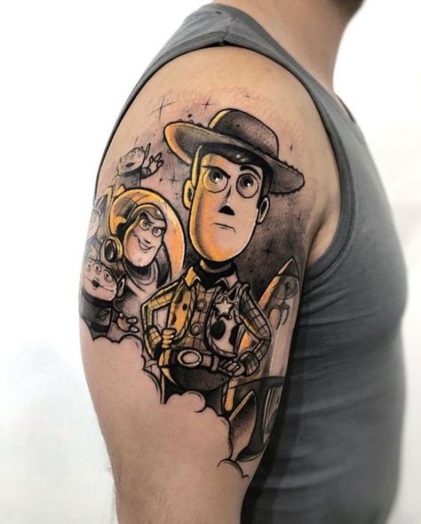 Toy Story’s Woody and Buzz In Black and White Disney Tattoos For Men, Toy Story Tattoo, Tattoos Masculinas, Mickey Mouse Tattoo, Disney Sleeve Tattoos, Disney Sleeve, Mouse Tattoos, Lion Head Tattoos, Wonderland Tattoo