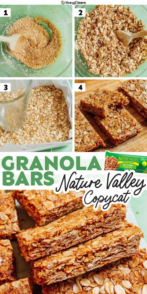 Save money by making copycat Nature Valley granola bars at home (and save time by not having to run to the store to buy them)! This homemade version is super simple to make and tastes just like the real thing. Using my food scientist background, I worked backward to duplicate the flavor and texture of this classic snack at home. Whole Food Granola Bars, Vegan Chewy Granola Bars, All Natural Granola Bars, Natures Valley Granola Bars, Diy Nature Valley Granola Bars, At Home Granola Bars, How To Make Granola Bars Healthy, Oats And Honey Granola Bars Chewy, Copycat Nature Valley Granola Bars