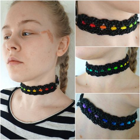 Crocheted Rainbow Loom choker with a Rainbow Gradient Made by Yulia Linderoth Rainbow Loom Choker Necklace, Rainbow Loom Choker, Rainbow Loom Necklace, Loom Choker, Choker Outfit, Crocheted Rainbow, Loom Necklace, Rainbow Gradient, Loom Bands