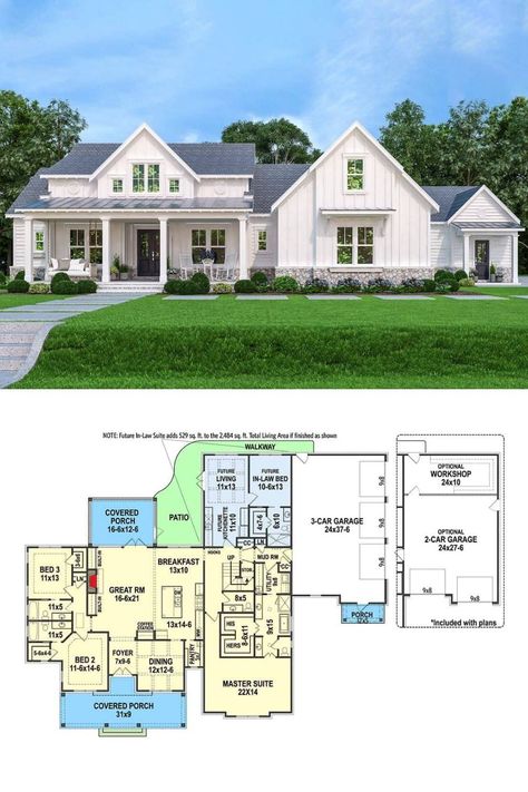 This is a large 2 story modern farmhouse house plan with in-law suite and New american country style shiplap exterior. It includes 6 bedrooms, 7.5 bathrooms, and beautiful contemporary home interiors and decor. View the full floor plan and blueprint layout of this amazing 2484 sq ft luxury modern home at: https://www.homestratosphere.com/6-bedroom-two-story-modern-farmhouse-with-in-law-suite-floor-plan/ #HousePlan #ModernHome #Farmhouse Home With Mother In Law Suite, 4 Bedroom House Plans With In Law Suite, Multigenerational House Plans Two Story, Mother In Law House Plans, Multigenerational House Plans In Laws 2 Story, Mother In Law Suite Addition Floor Plans, Floor Plans With In Law Suite, Barndominium With Inlaw Suite, Multigenerational House Plans In Laws One Story