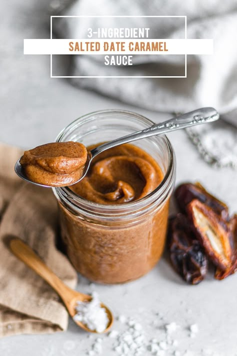 3-Ingredient Salted Date Caramel Sauce — Murielle Banackissa Date Caramel Vegan, Vegan Dessert Sauce, Vegan Caramel Sauce Dates, Date Caramel Sauce Recipe, Date Sauce Caramel, Vegan 3 Ingredient Recipes, Salted Date Caramel, Recipes With Date Caramel, Dates Caramel Sauce