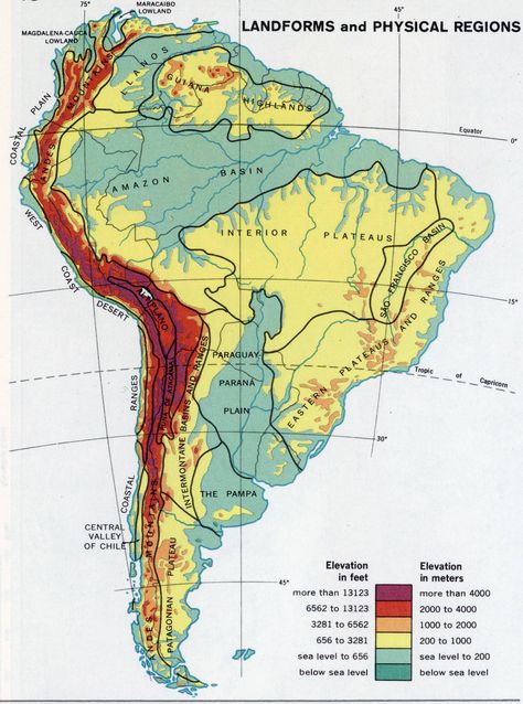 1968 map showing landforms and physical regions in South America Physical Map, America Map, Printable Maps, World Geography, History Of The World, World Building, Geography, Biology, South America