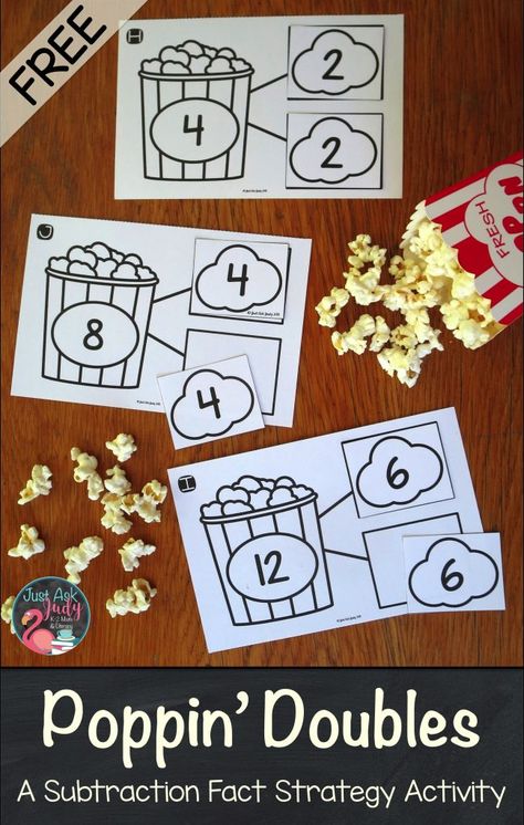 Click to discover this free subtraction fact strategy resource for doubles, ideal for first and second-grade math. Doubles First Grade Math, Doubles Activities Grade 2, First Grade Snack Ideas, Doubles And Near Doubles Activities, Teaching Doubles First Grade, Doubles Activities For First Grade, Doubles Math Games First Grade, Halving Activities Eyfs, Doubling And Halving Activities