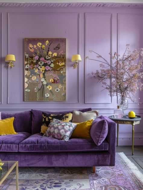 66 Living Room Colors Ideas: How to Design a Stylish Area Purple And Yellow Living Room, Living Room Colors Ideas, Room Colors Ideas, Violet Living Room, Lavender Living Room, Purple Living Room Ideas, Purple Couch, Yellow Couch, Purple Living Room