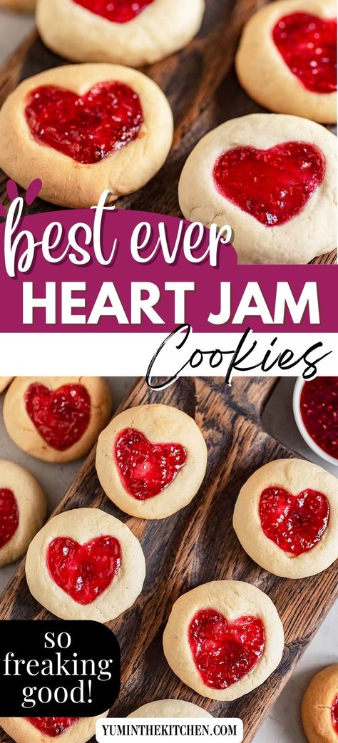 These easy heart jam cookies are perfect for Valentines day or as holiday cookies! An easy sugar cookie recipe with thumbprint hearts, filled with your favorite jam. We like strawberry, but cherry and raspberry work really well too! Cookie Recipes Valentines, Valentines Thumbprint Cookies, What To Make With Jam, Jam Filled Cookies Recipe, Heart Jelly Cookies, Jelly Heart Cookies, Thumbprint Cookies Heart, Heart Jam Cookies Recipe, Easy Wedding Cookies