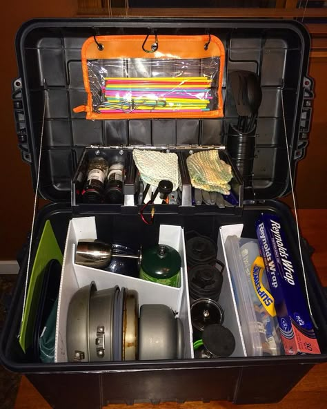 Camping Supplies Storage, Camp Kitchen Organization, Winter Emergency Car Kit, Camp Kitchen Chuck Box, Camper Equipment, Camping Chuck Box, Camp Kitchen Box, Camping Gear Storage, Pop Up Camper Trailer